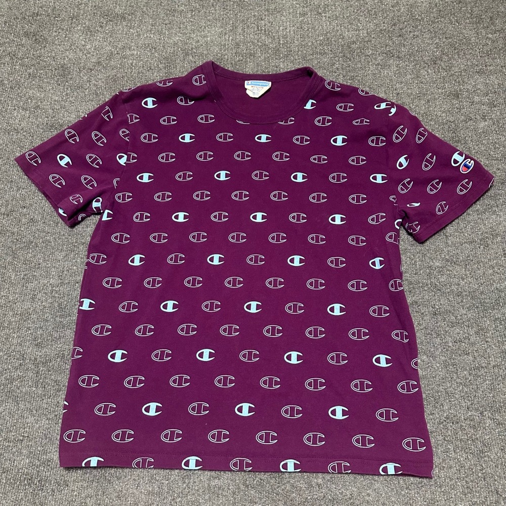 Vintage Champion Shirt Men's Med‎ All Over Print Logo Short Sleeve Cotton Tee